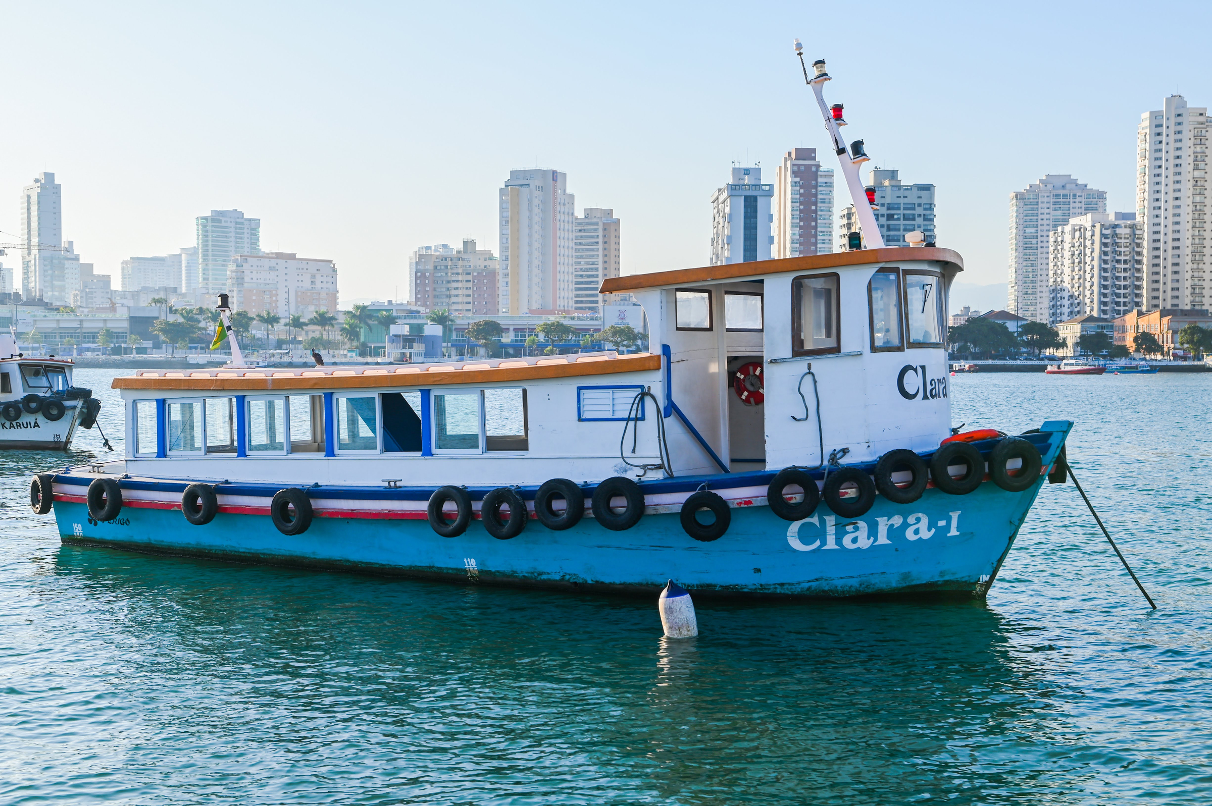 Embarcação de passageiros Clara I fundeada, com prédios de Santos ao fundo